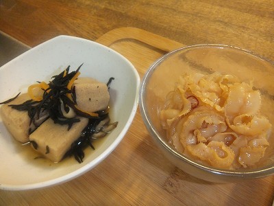 ホタテのひもと春雨のピリ辛煮。