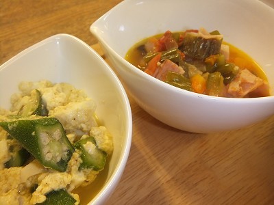 お豆腐とオクラのカレーソテー。