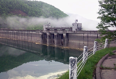朝霧が迫る堤体と水面に浮かぶ花粉